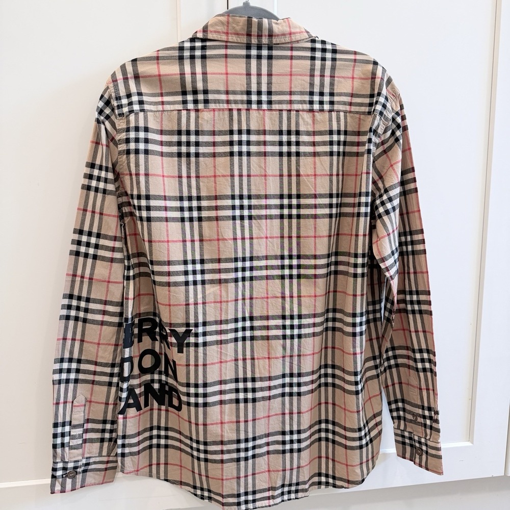 Burberry London England Check Logo Print Button Shirt Beige Men's Large - Picture 6 of 15